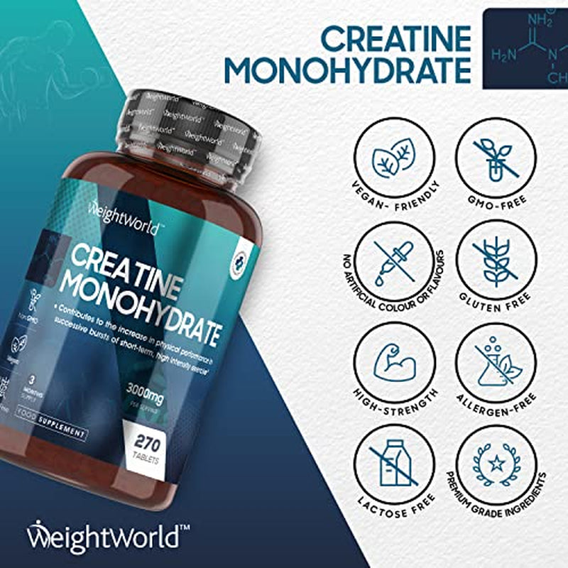 Creatine Monohydrate Tablets 3000Mg - 270 Tablets - Gym Supplement for Men & Women - Creatine Monohydrate Powder Alternative - Vegan & Keto Unflavoured Energy Supplement for Workout