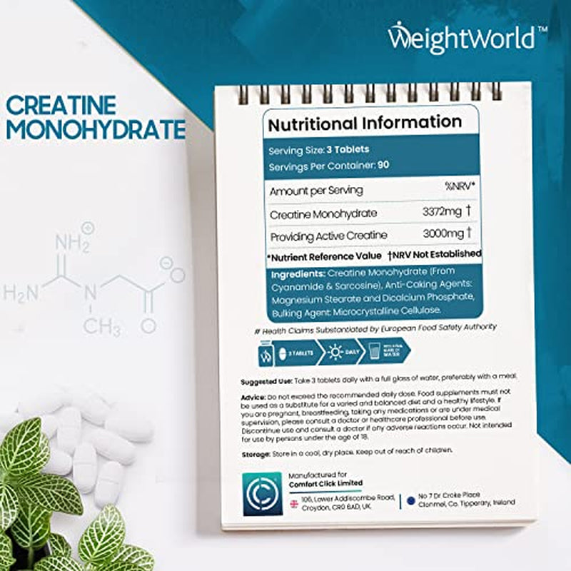 Creatine Monohydrate Tablets 3000Mg - 270 Tablets - Gym Supplement for Men & Women - Creatine Monohydrate Powder Alternative - Vegan & Keto Unflavoured Energy Supplement for Workout