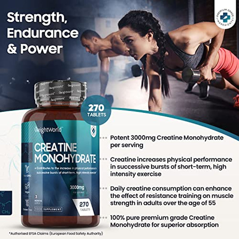 Creatine Monohydrate Tablets 3000Mg - 270 Tablets - Gym Supplement for Men & Women - Creatine Monohydrate Powder Alternative - Vegan & Keto Unflavoured Energy Supplement for Workout
